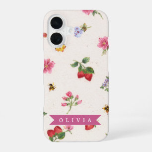 Personalised Strawberry Garden Bee Cottagecore iPhone 16 Case