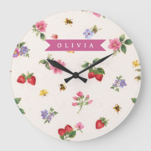 Personalised Strawberry Garden Bee Cottagecore Large Clock