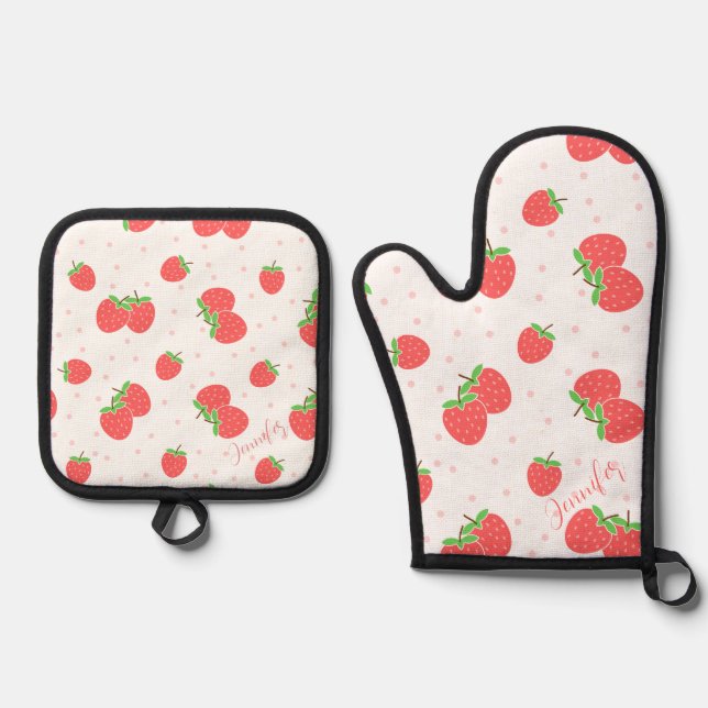 Personalised Strawberry Oven Mitt Cute Custom Kitc & Pot Holder Set (Front)