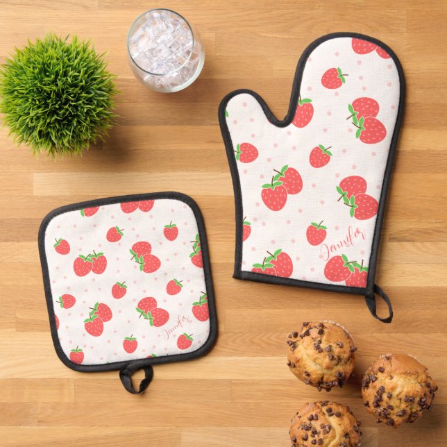 Personalised Strawberry Oven Mitt Cute Custom Kitc & Pot Holder Set (Top Down)