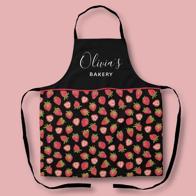 Personalised Strawberry Pattern Kitchen Bakery Apron (Personalized strawberry kitchen apron. Perfect for bakeries or homeware gifts.)