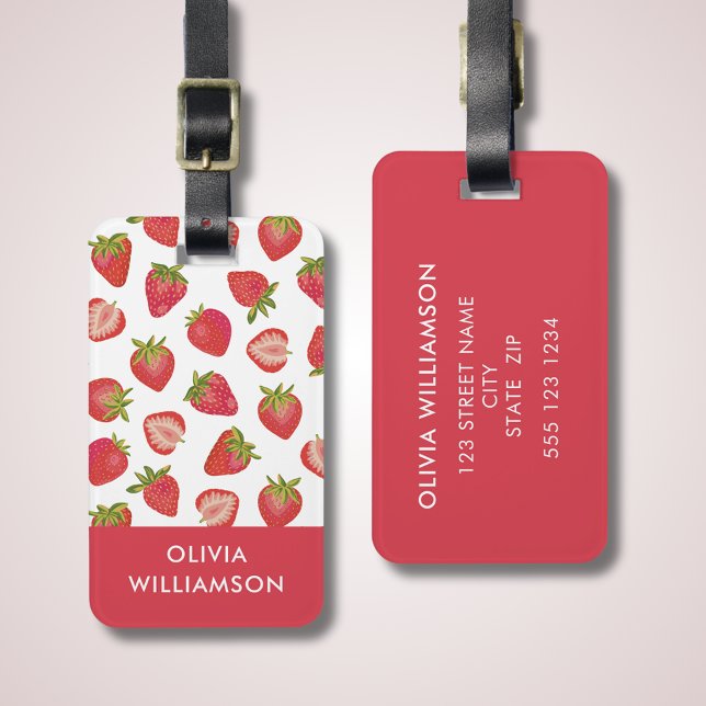 Personalised Strawberry Pattern Luggage Tag (Red strawberry luggage tag. Customize with your own name and contact details.)