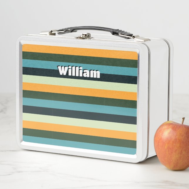 Personalised Stripe Pattern Monogram Blue Yellow Metal Lunch Box (In Situ)