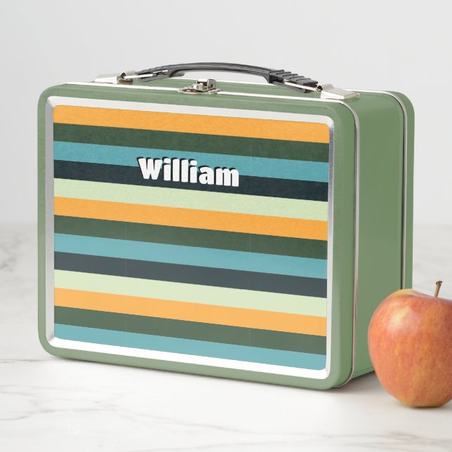 Personalised Stripe Pattern Monogram Blue Yellow Metal Lunch Box (In Situ)