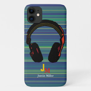 personalised striped dj headphone iPhone 11 case
