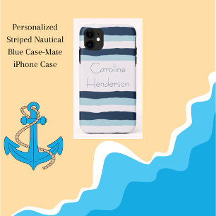 Personalised Striped Nautical Blue iPhone 11 Case