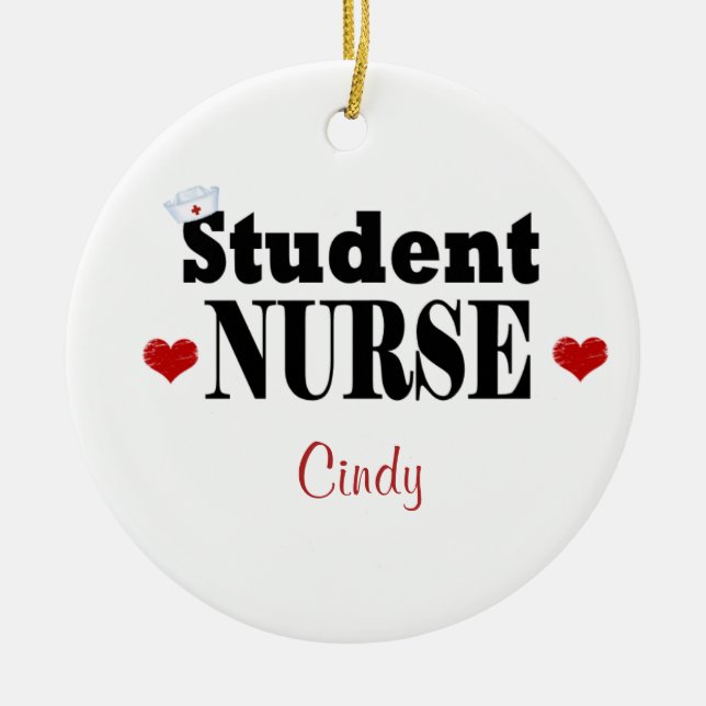 Personalised Student Nurse Hat and Hearts Ceramic Ornament (Front)