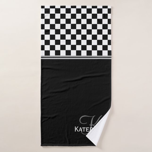 Personalised stylish black and white check bath towel set (Bath Towel)