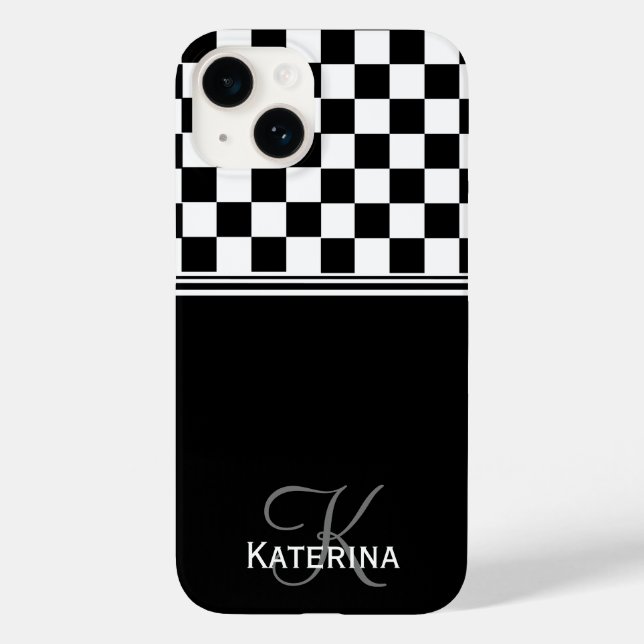 Personalised stylish black and white check Case-Mate iPhone case (Back)