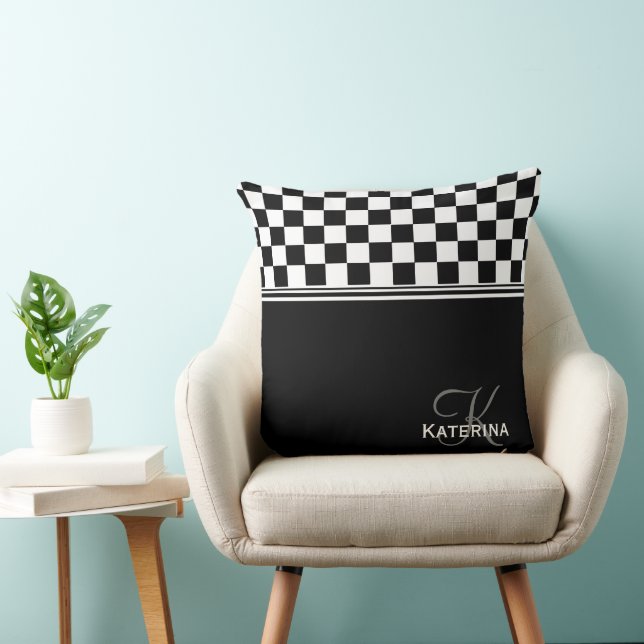 Personalised stylish black and white check cushion (Chair)