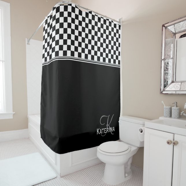 Personalised stylish black and white check shower curtain (In Situ)