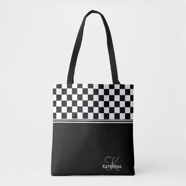Personalised stylish black and white check tote bag (Front)