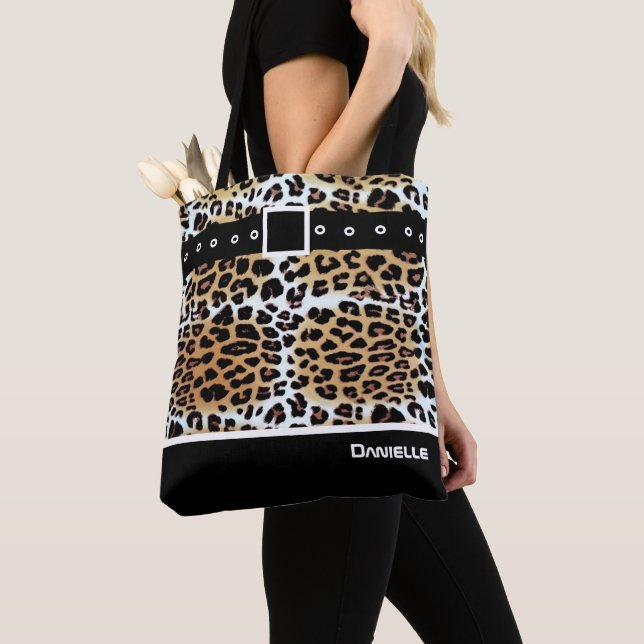 Personalised Stylish Brown White Black Leopard  Tote Bag (Close Up)