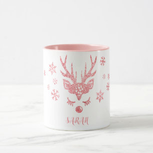 Personalised Stylish Pink Snowflakes and Reindeer Mug