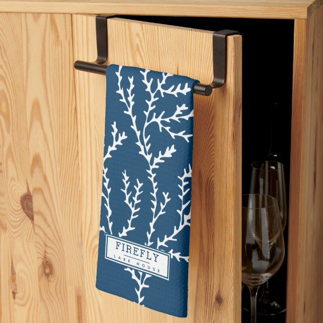 Personalised, Stylish Seaweed Pattern Teal Blue  Tea Towel (Thirds Fold)