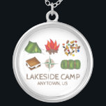 Personalised Summer Camp Camper Camping Necklace<br><div class="desc">Features an original marker illustration of six classic camping-themed illustrations,  including a campfire,  trail mix,  tent,  sleeping bag,  s'mores,  and compass. Simply personalise with your camp information.</div>
