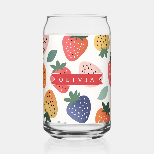 Personalised Summer Colourful Strawberry Pattern Can Glass (Front)