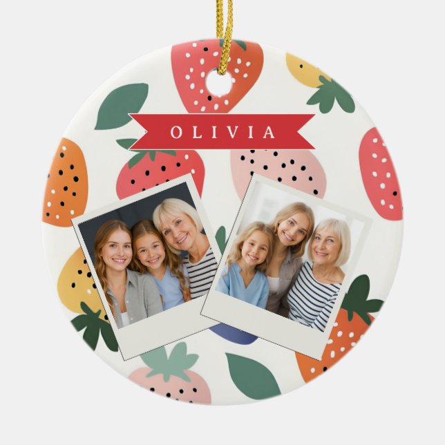 Personalised Summer Colourful Strawberry Pattern Ceramic Ornament (Front)