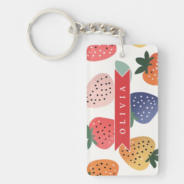 Personalised Summer Colourful Strawberry Pattern Key Ring (Front)