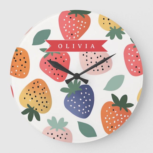 Personalised Summer Colourful Strawberry Pattern Large Clock (Front)