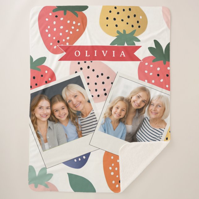 Personalised Summer Colourful Strawberry Pattern Sherpa Blanket (Front)