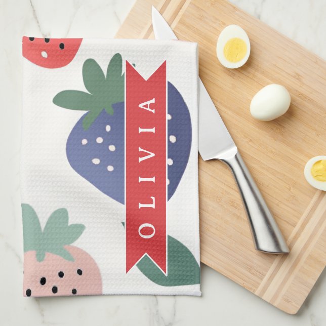 Personalised Summer Colourful Strawberry Pattern Tea Towel (Quarter Fold)