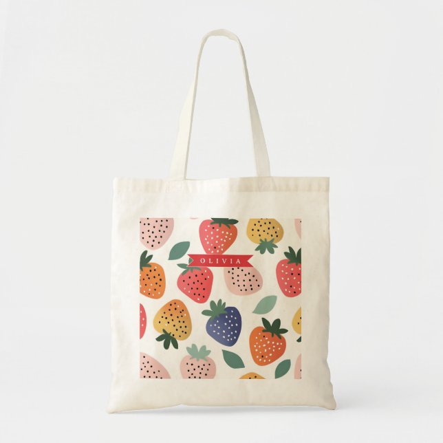 Personalised Summer Colourful Strawberry Pattern Tote Bag (Front)
