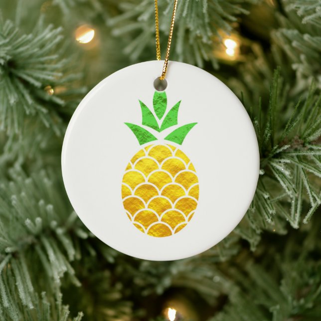 Personalised Summer Foil Gold Geometric Pineapple. Ceramic Ornament (Tree)