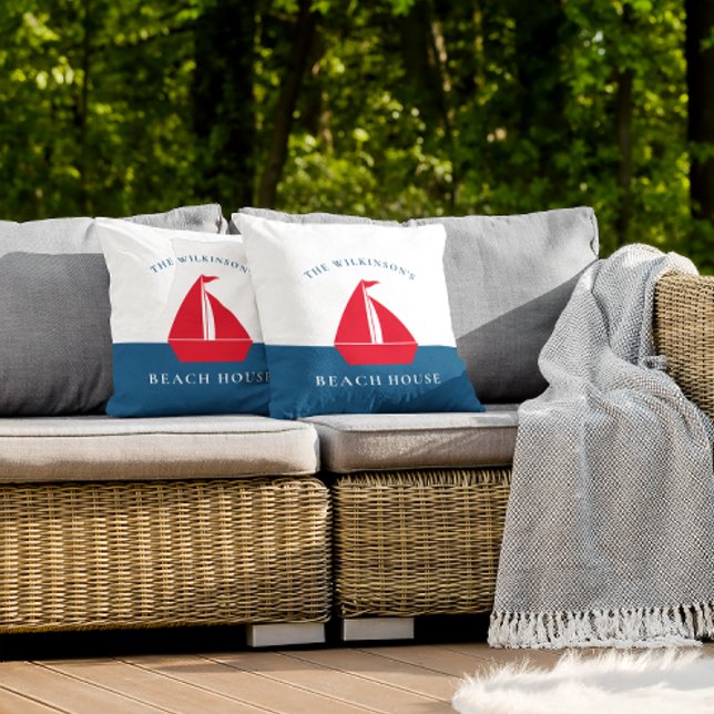 Personalised summer nautical beach house  cushion (personalized nautical red white and blue maritime throw pillow , ideal for family vacation home.)