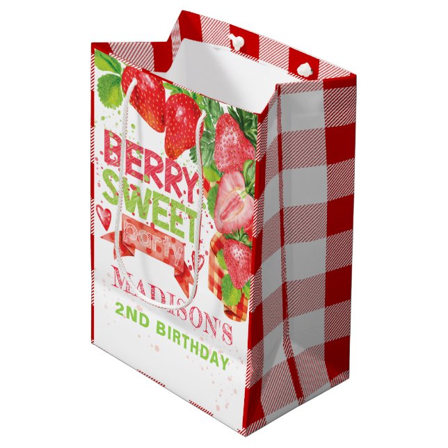 Personalised Summer Strawberry Birthday Medium Gift Bag (Front Angled)