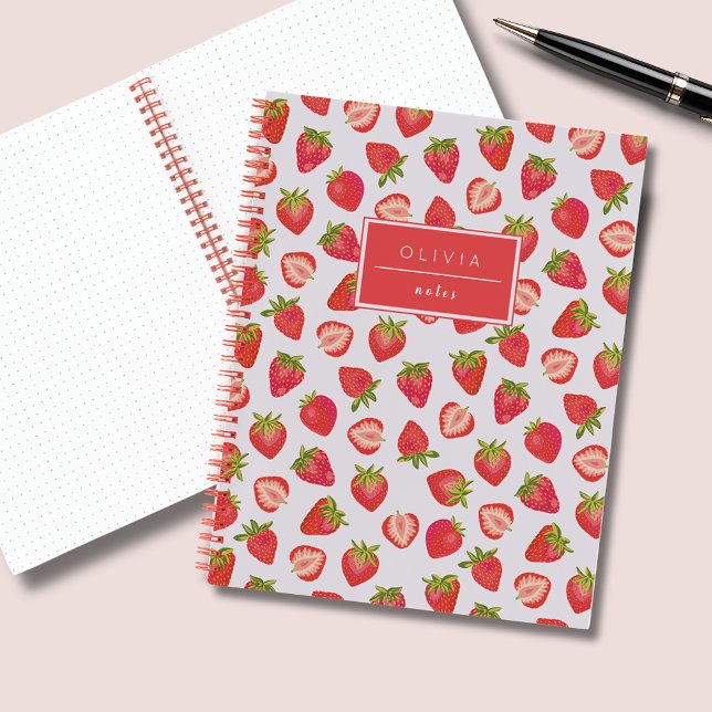 Personalised Summer Strawberry Pattern Name Notebook (Strawberry patten notebook with personalized name or text of your choice.)