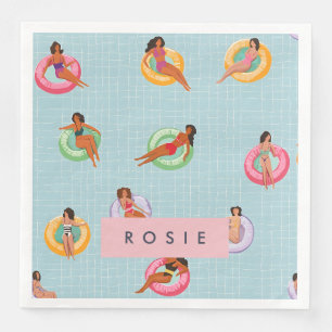 Personalised Summer Women Relaxing on Pool Floats Napkin