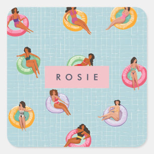 Personalised Summer Women Relaxing on Pool Floats Square Sticker