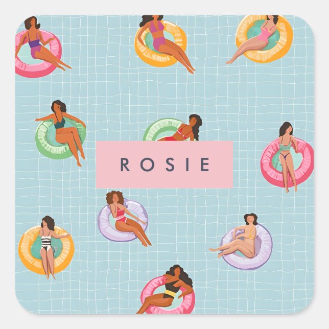 Personalised Summer Women Relaxing on Pool Floats Square Sticker (Front)