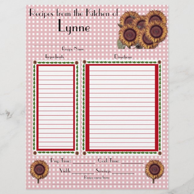 Personalised Sunflower design recipe page (Front)