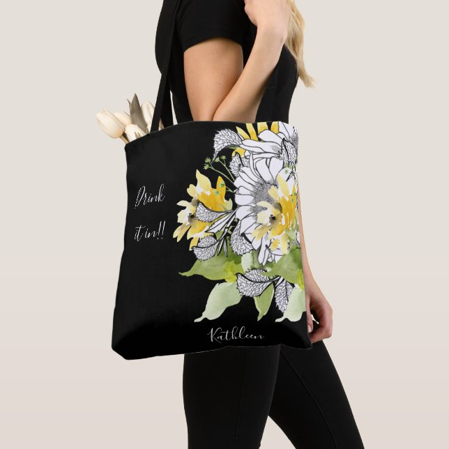Personalised Sunflower Drink it In Black  Tote Bag (Close Up)