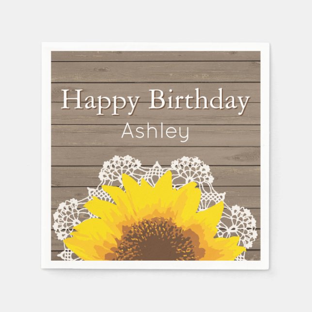 Personalised Sunflower, Lace and Wood Napkin (Front)