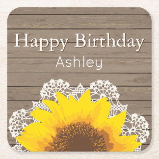 Personalised Sunflower, Lace and Wood Square Paper Coaster