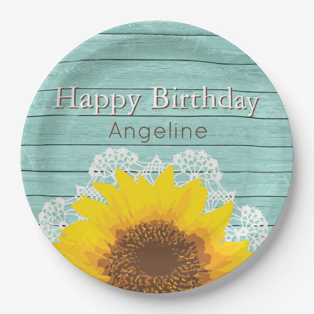 Personalised Sunflower & Lace Birthday Paper Plate (Front)