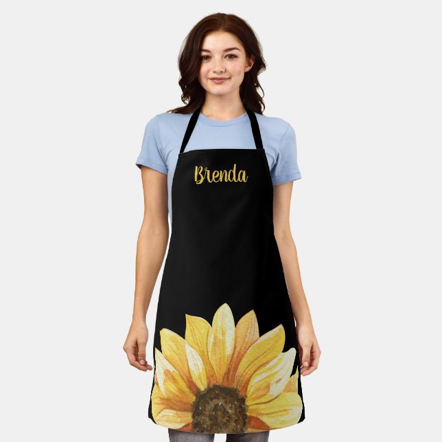 Personalised Sunflower on Black Apron (Worn)