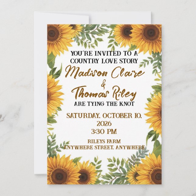 Personalised Sunflower Wedding Invitation | Rustic (Front)