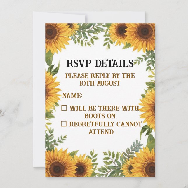 Personalised Sunflower Wedding RSVP Card | Rustic (Front)