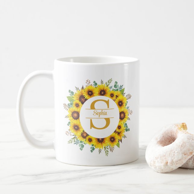 Personalised Sunflower Wreath Monogram & Name Coffee Mug (With Donut)