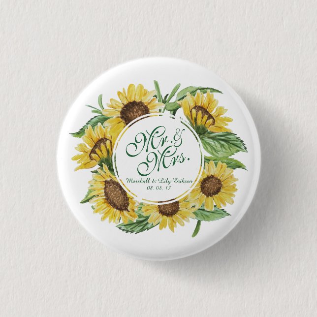 Personalised Sunflower Wreath Wedding Pin Button (Front)