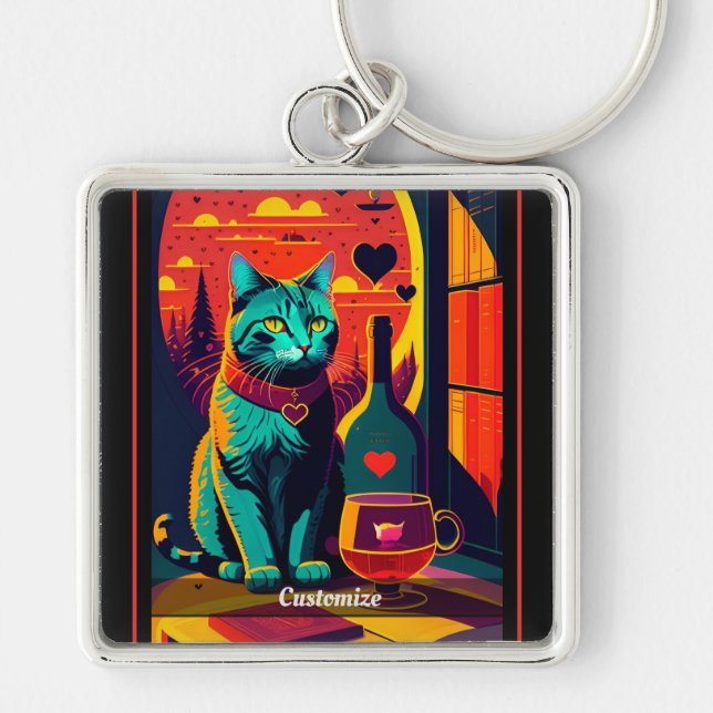 Personalised Sunset Cat Books And Wine  Key Ring (Front)