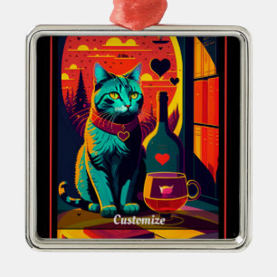Personalised Sunset Cat Books And Wine  Metal Ornament