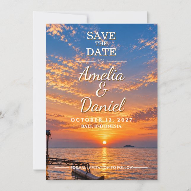 Personalised Sunset Wedding Save the Date Card (Front)
