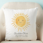 Personalised Sunshine Birth Stats Cushion<br><div class="desc">This cute baby pillow features a yellow smiling sun.
Easily customisable with baby's name and birth stats it makes a great gift for a baby's nursery.
Original Watercolor © Michele Davies.</div>