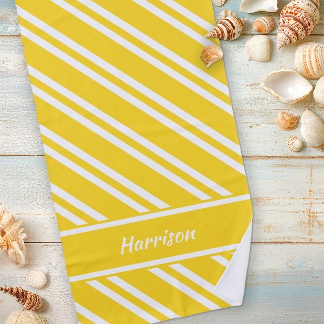 Personalised Sunshine Yellow and White Stripes Beach Towel (Creator Uploaded)