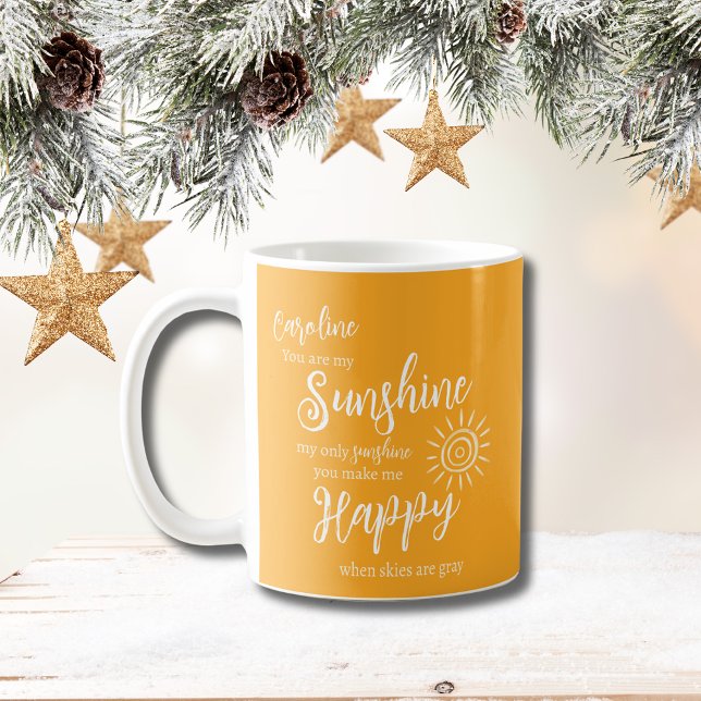 Personalised Sunshine You Make Me Happy Yellow Coffee Mug (Personalized Sunshine You Make Me Happy Mug in Yellow Orange with modern script and yellow sun.)